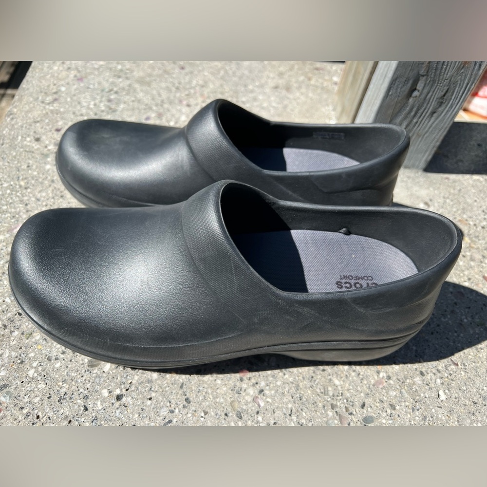 Slip resistant black slip on Crocs